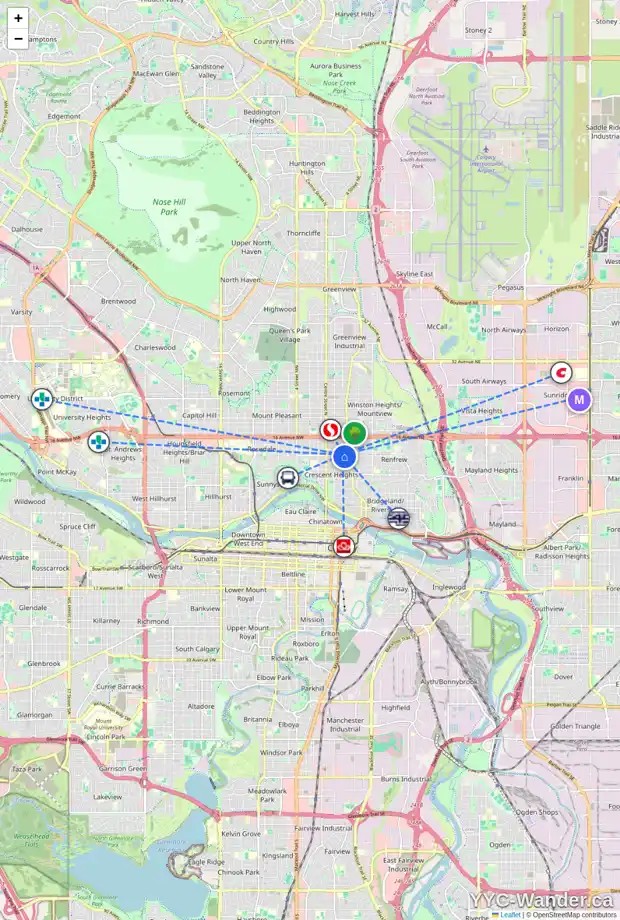 Daily accessibility map for 1304 2 ST NE, Calgary showing nearby schools, grocery stores, parks, LRT stations and nearby amenities
