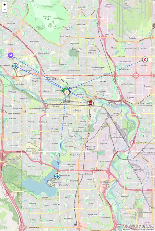 Daily accessibility map for 312 1110 3 AV NW, Calgary showing nearby schools, grocery stores, parks, LRT stations and nearby amenities