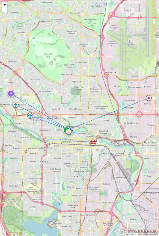 Daily accessibility map for 602 1110 3 AV NW, Calgary showing nearby schools, grocery stores, parks, LRT stations and nearby amenities