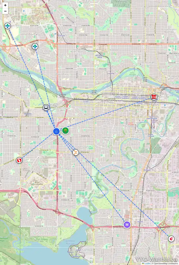 Daily accessibility map for 2418 24A ST SW, Calgary showing nearby schools, grocery stores, parks, LRT stations and nearby amenities