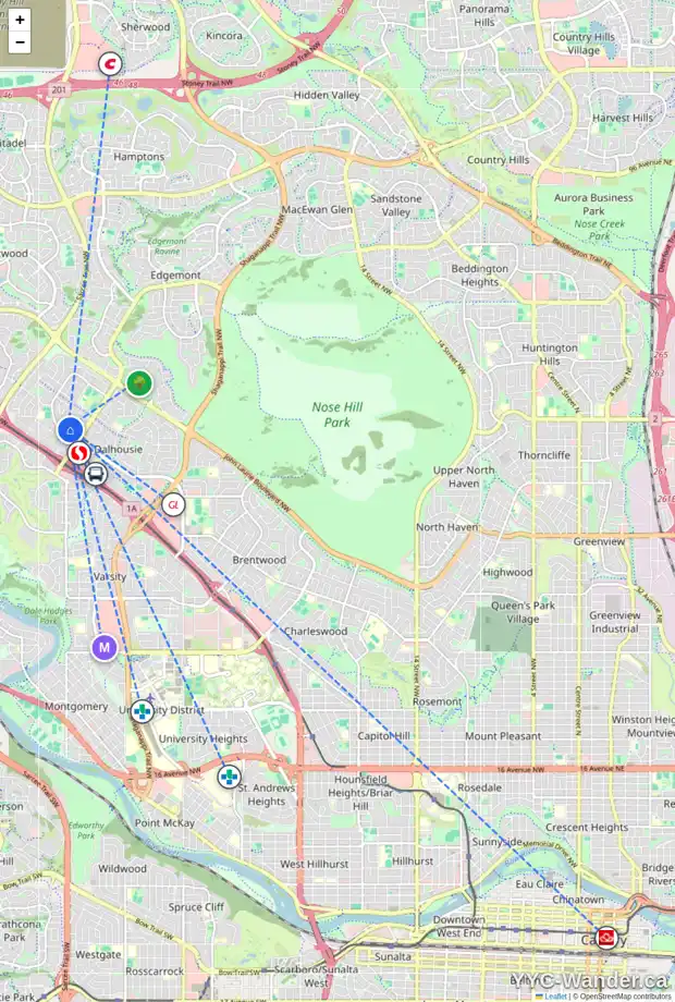 Daily accessibility map for 5503 DALRYMPLE HL NW, Calgary showing nearby schools, grocery stores, parks, LRT stations and nearby amenities