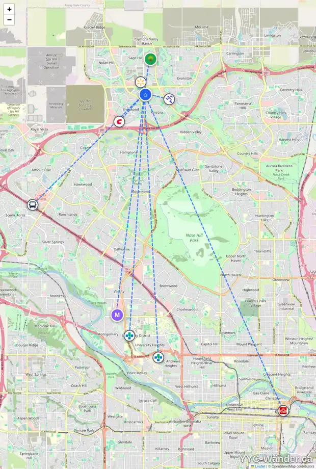 Daily accessibility map for 409 195 KINCORA GLEN RD NW, Calgary showing nearby schools, grocery stores, parks, LRT stations and nearby amenities