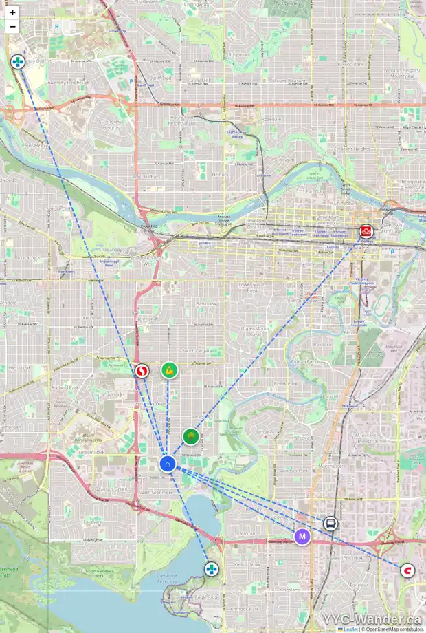 Daily accessibility map for 2115 51 AV SW, Calgary showing nearby schools, grocery stores, parks, LRT stations and nearby amenities
