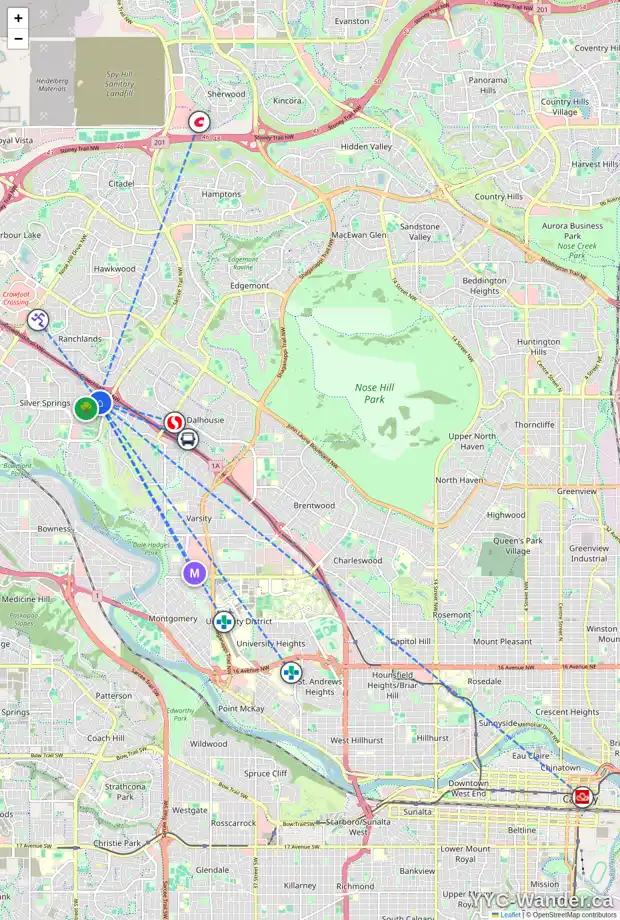 Daily accessibility map for 6459 SILVER SPRINGS WY NW, Calgary showing nearby schools, grocery stores, parks, LRT stations and nearby amenities