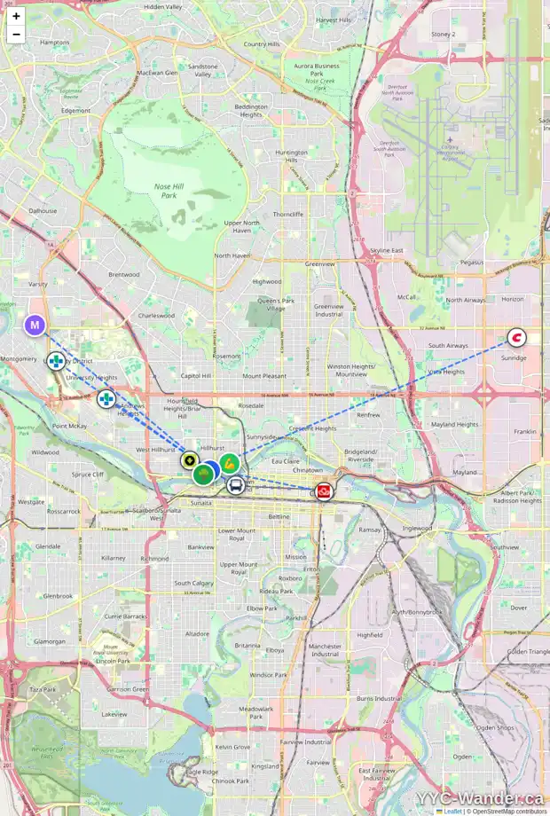 Daily accessibility map for 1639 BOWNESS RD NW, Calgary showing nearby schools, grocery stores, parks, LRT stations and nearby amenities