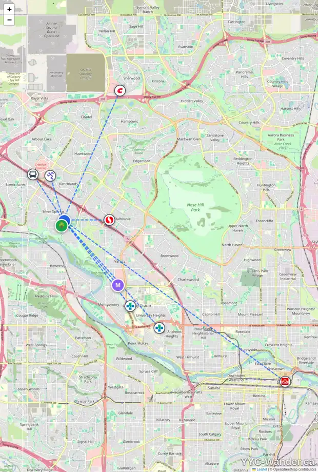 Daily accessibility map for 7208 SILVER MEAD RD NW, Calgary showing nearby schools, grocery stores, parks, LRT stations and nearby amenities