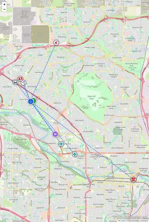 Daily accessibility map for 6404 70 ST NW, Calgary showing nearby schools, grocery stores, parks, LRT stations and nearby amenities