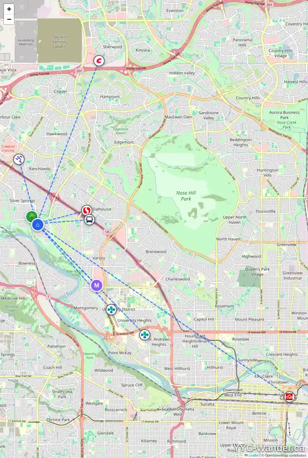 Daily accessibility map for 17 SILVERDALE PL NW, Calgary showing nearby schools, grocery stores, parks, LRT stations and nearby amenities