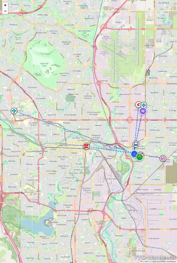 Daily accessibility map for 2725 14 AV SE, Calgary showing nearby schools, grocery stores, parks, LRT stations and nearby amenities