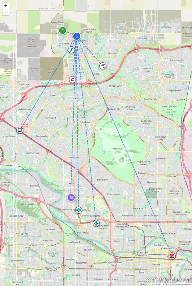 Daily accessibility map for 307 250 SAGE VALLEY RD NW, Calgary showing nearby schools, grocery stores, parks, LRT stations and nearby amenities