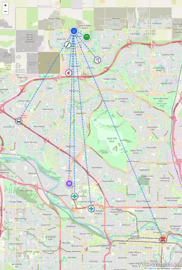 Daily accessibility map for 801 250 SAGE VALLEY RD NW, Calgary showing nearby schools, grocery stores, parks, LRT stations and nearby amenities