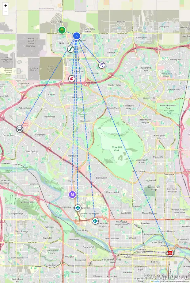 Daily accessibility map for 407 250 SAGE VALLEY RD NW, Calgary showing nearby schools, grocery stores, parks, LRT stations and nearby amenities