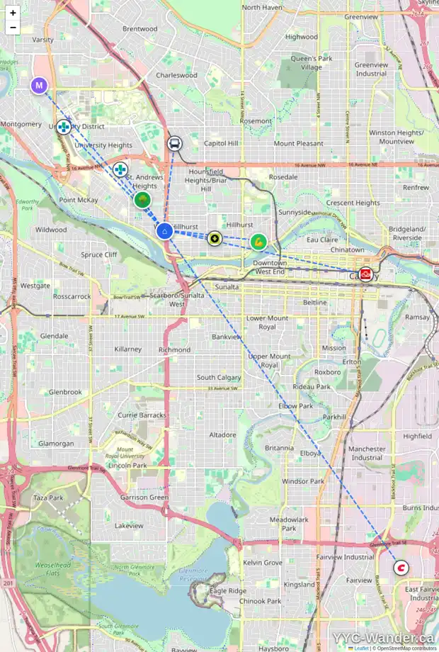 Daily accessibility map for 2518 2 AV NW, Calgary showing nearby schools, grocery stores, parks, LRT stations and nearby amenities