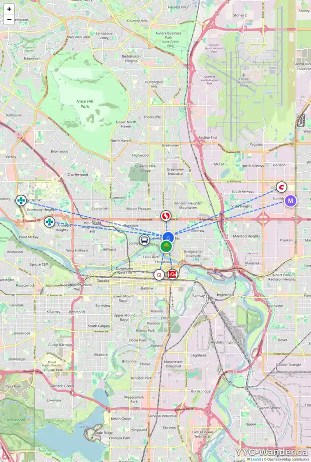 Daily accessibility map for 139 9 AV NE, Calgary showing nearby schools, grocery stores, parks, LRT stations and nearby amenities