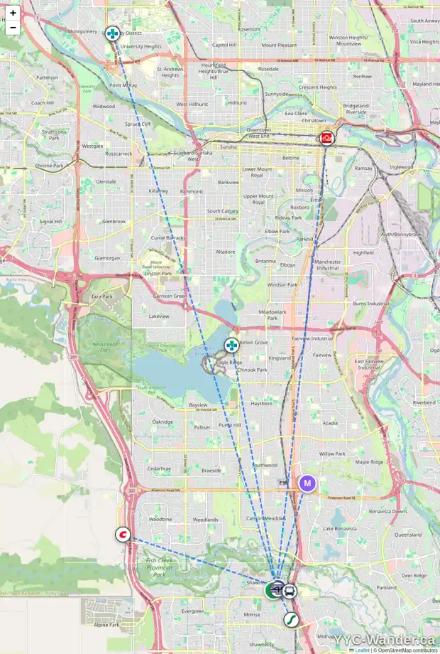 Daily accessibility map for 723 SHAWNEE DR SW, Calgary showing nearby schools, grocery stores, parks, LRT stations and nearby amenities