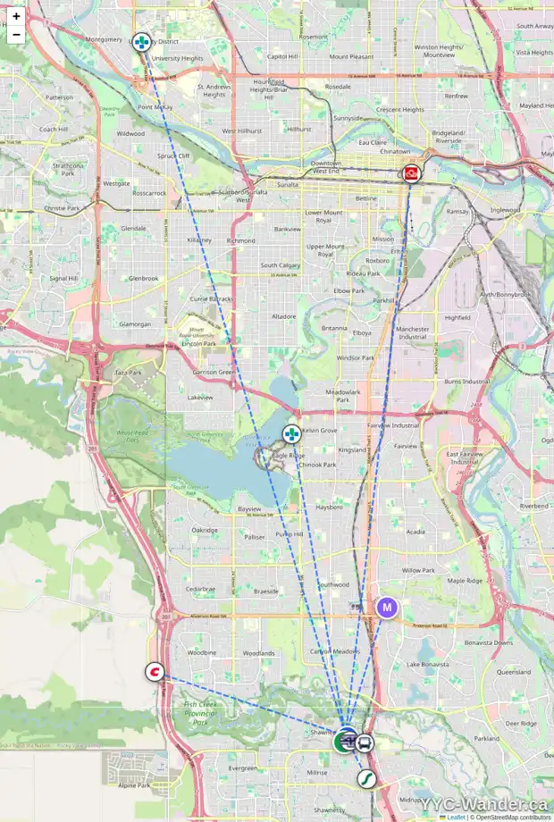 Daily accessibility map for 747 SHAWNEE DR SW, Calgary showing nearby schools, grocery stores, parks, LRT stations and nearby amenities