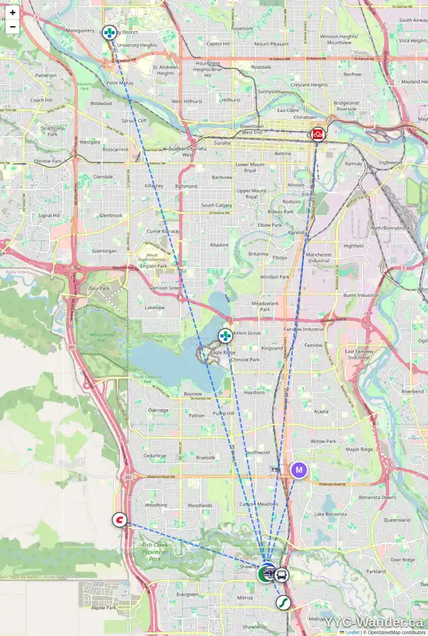 Daily accessibility map for 751 SHAWNEE DR SW, Calgary showing nearby schools, grocery stores, parks, LRT stations and nearby amenities