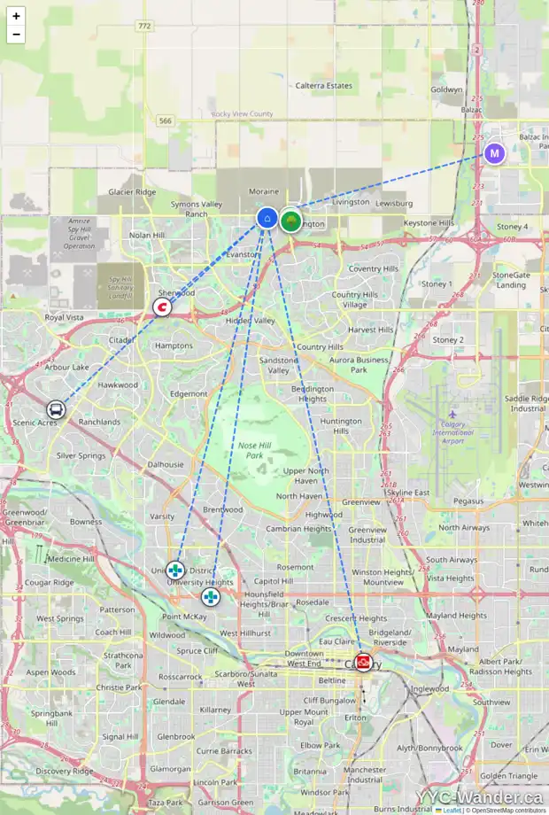 Daily accessibility map for 127 EVANSCREST WY NW, Calgary showing nearby schools, grocery stores, parks, LRT stations and nearby amenities