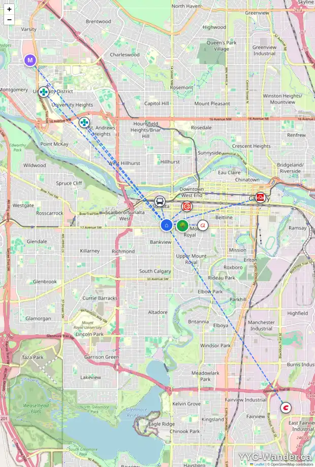 Daily accessibility map for 1602 16 AV SW, Calgary showing nearby schools, grocery stores, parks, LRT stations and nearby amenities