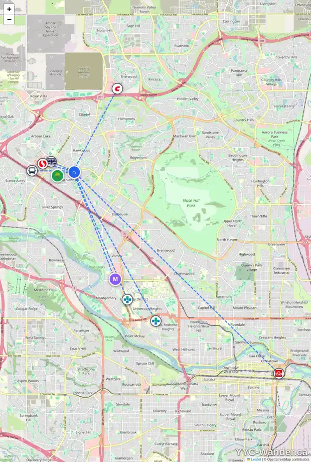 Daily accessibility map for 119 RANCHRIDGE BA NW, Calgary showing nearby schools, grocery stores, parks, LRT stations and nearby amenities