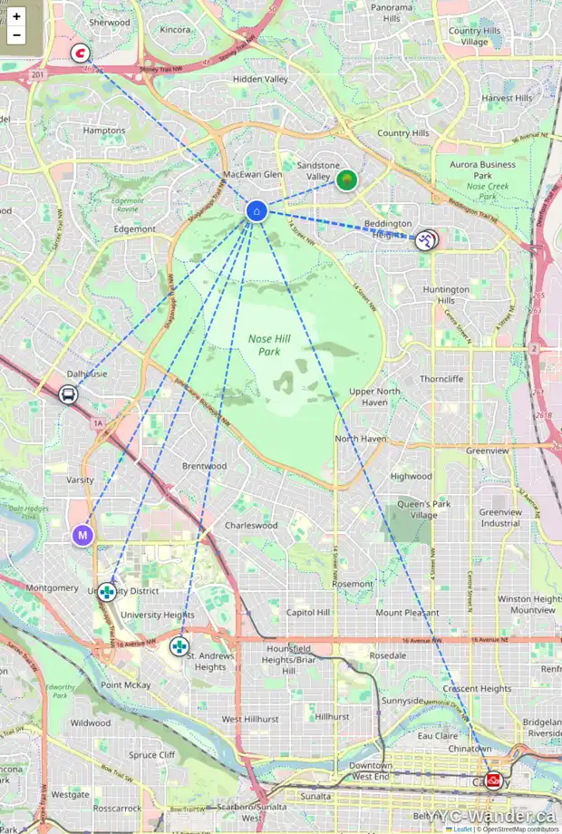 Daily accessibility map for 2 MACEWAN PARK VW NW, Calgary showing nearby schools, grocery stores, parks, LRT stations and nearby amenities