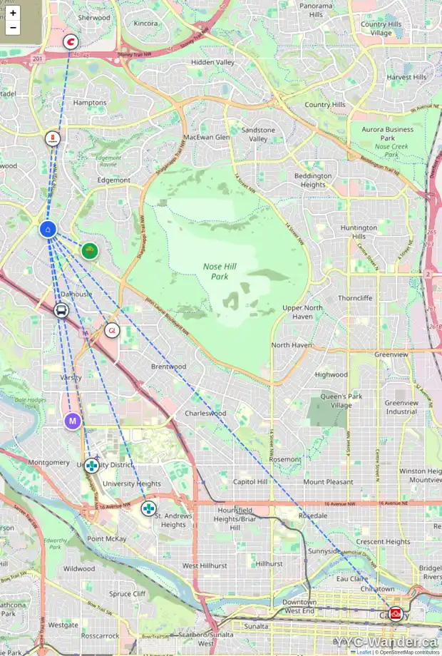 Daily accessibility map for 75 EDGEHILL DR NW, Calgary showing nearby schools, grocery stores, parks, LRT stations and nearby amenities