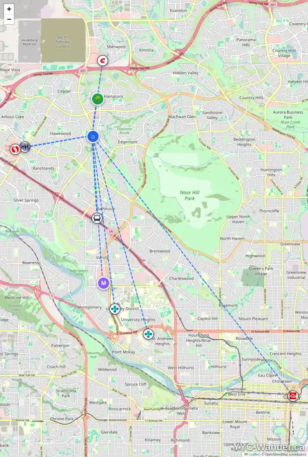 Daily accessibility map for 228 HAWKHILL PL NW, Calgary showing nearby schools, grocery stores, parks, LRT stations and nearby amenities