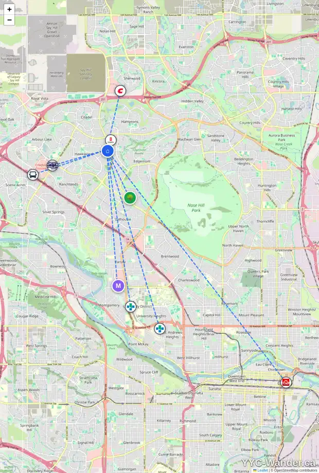 Daily accessibility map for 113 HAWKHILL RD NW, Calgary showing nearby schools, grocery stores, parks, LRT stations and nearby amenities
