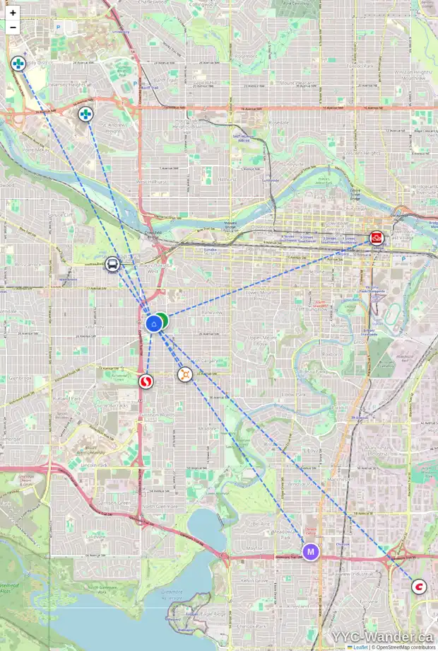 Daily accessibility map for 2320 24 AV SW, Calgary showing nearby schools, grocery stores, parks, LRT stations and nearby amenities