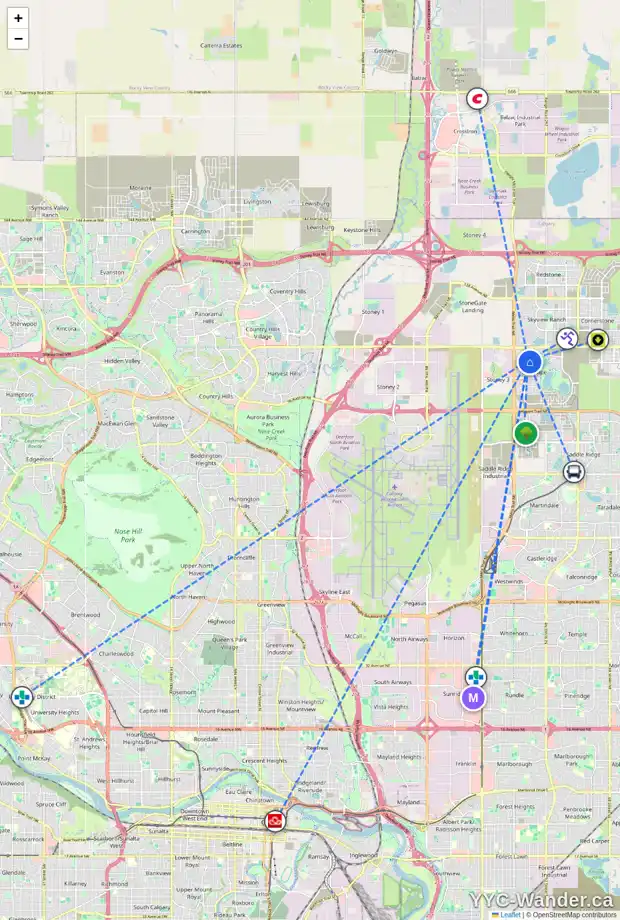 Daily accessibility map for 50 CITYSCAPE TC NE, Calgary showing nearby schools, grocery stores, parks, LRT stations and nearby amenities