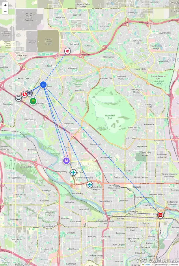 Daily accessibility map for 40 HAWKBURY CL NW, Calgary showing nearby schools, grocery stores, parks, LRT stations and nearby amenities