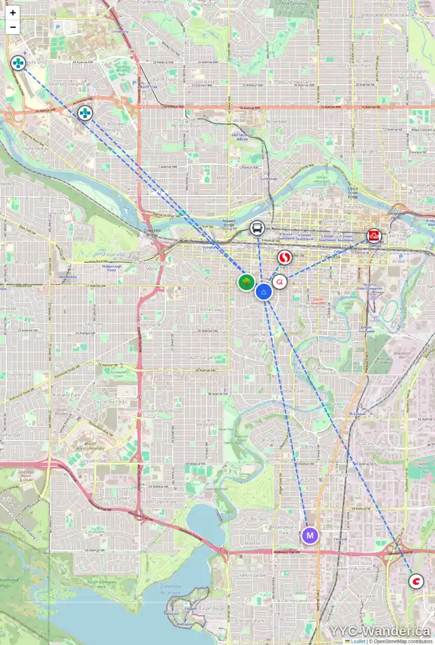 Daily accessibility map for 303 1719 9A ST SW, Calgary showing nearby schools, grocery stores, parks, LRT stations and nearby amenities