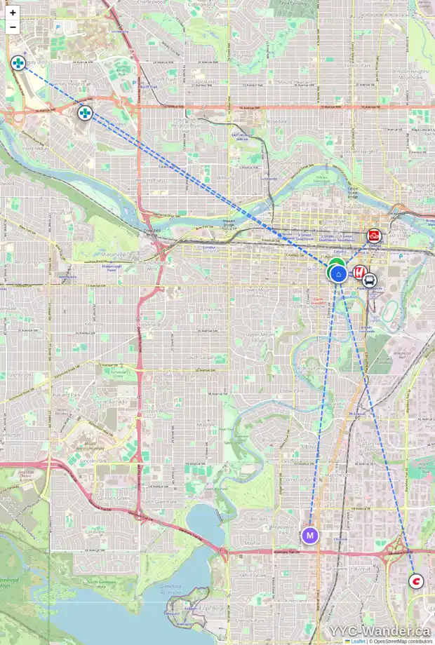 Daily accessibility map for 202 14 AV SW, Calgary showing nearby schools, grocery stores, parks, LRT stations and nearby amenities