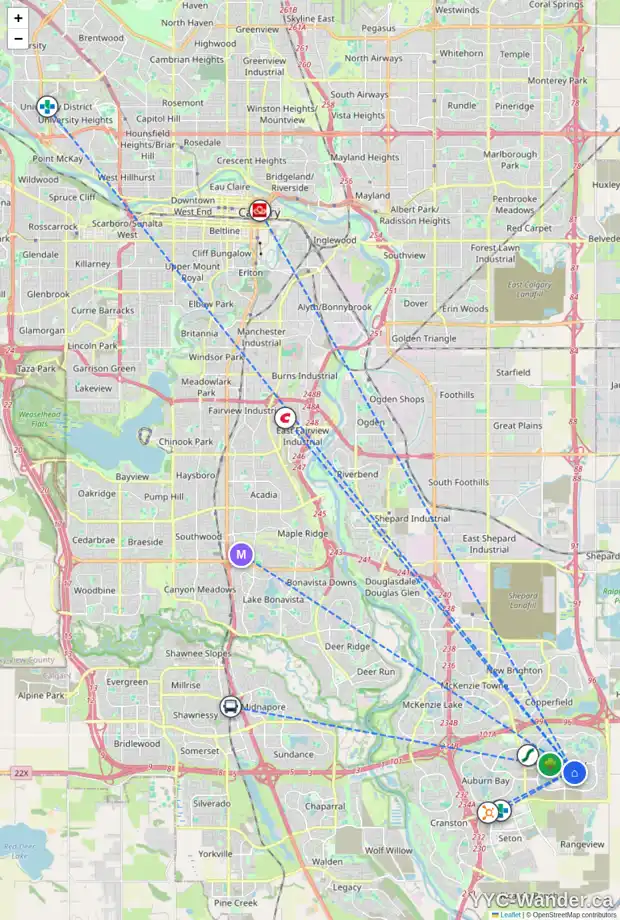 Daily accessibility map for 22 MASTERS VI SE, Calgary showing nearby schools, grocery stores, parks, LRT stations and nearby amenities