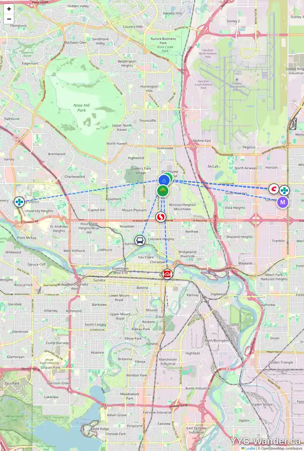Daily accessibility map for 205 34 AV NE, Calgary showing nearby schools, grocery stores, parks, LRT stations and nearby amenities