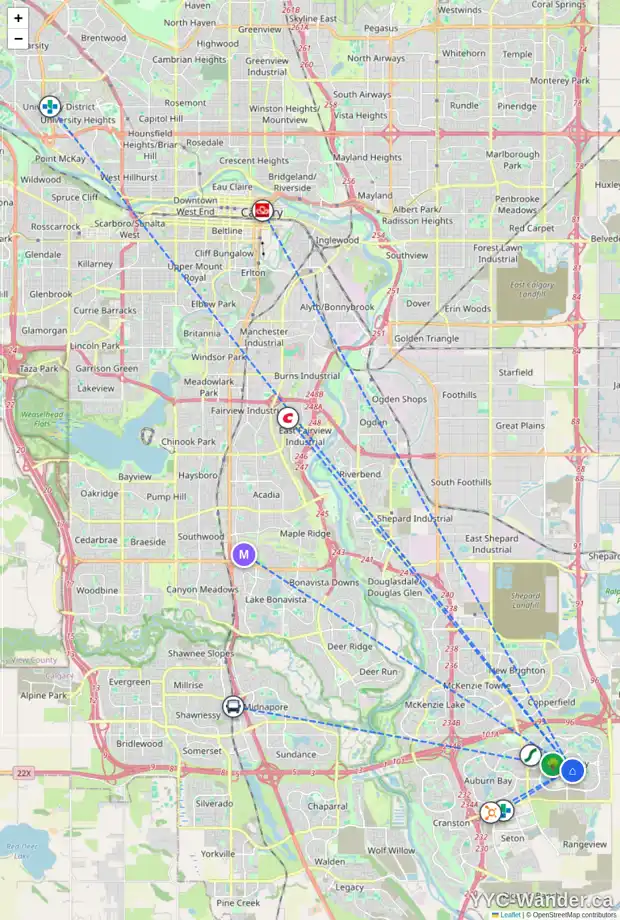 Daily accessibility map for 99 MASTERS WY SE, Calgary showing nearby schools, grocery stores, parks, LRT stations and nearby amenities
