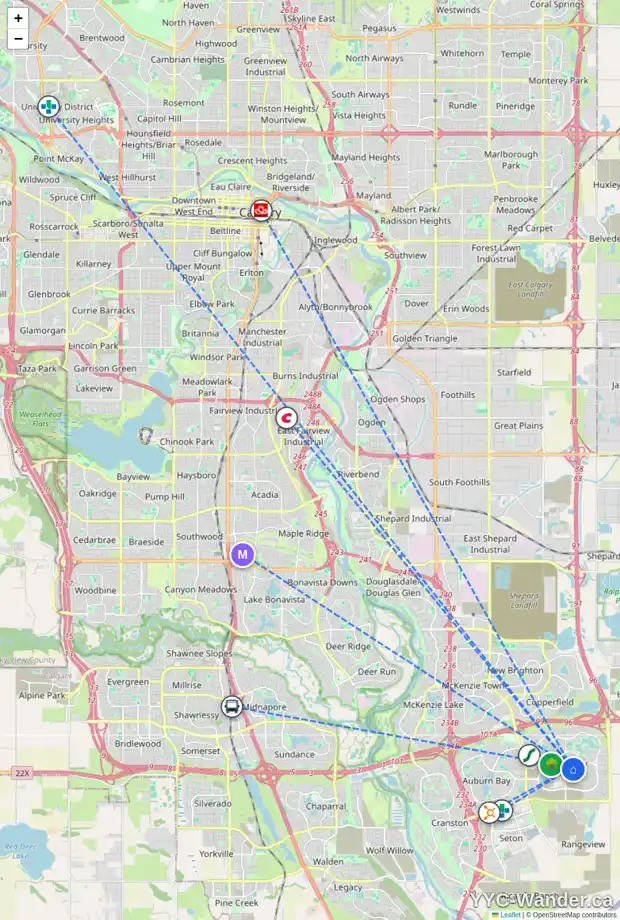 Daily accessibility map for 92 MASTERS WY SE, Calgary showing nearby schools, grocery stores, parks, LRT stations and nearby amenities
