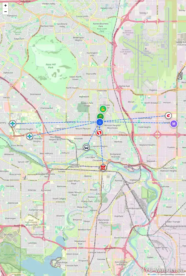 Daily accessibility map for 124 25 AV NE, Calgary showing nearby schools, grocery stores, parks, LRT stations and nearby amenities