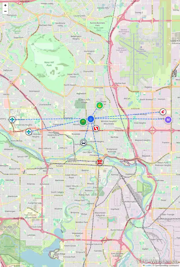 Daily accessibility map for 237 25 AV NW, Calgary showing nearby schools, grocery stores, parks, LRT stations and nearby amenities
