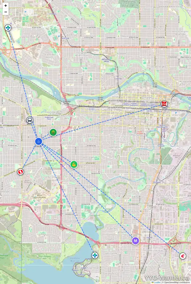 Daily accessibility map for 2425 30 ST SW, Calgary showing nearby schools, grocery stores, parks, LRT stations and nearby amenities