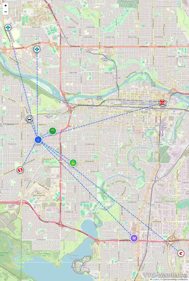 Daily accessibility map for 2423 30 ST SW, Calgary showing nearby schools, grocery stores, parks, LRT stations and nearby amenities