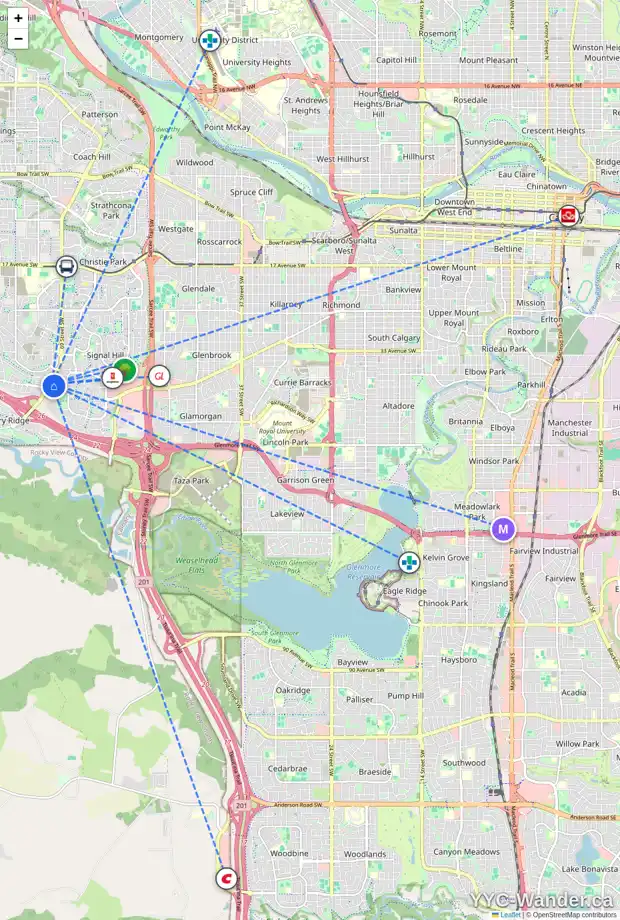 Daily accessibility map for 87 SIERRA MORENA MR SW, Calgary showing nearby schools, grocery stores, parks, LRT stations and nearby amenities