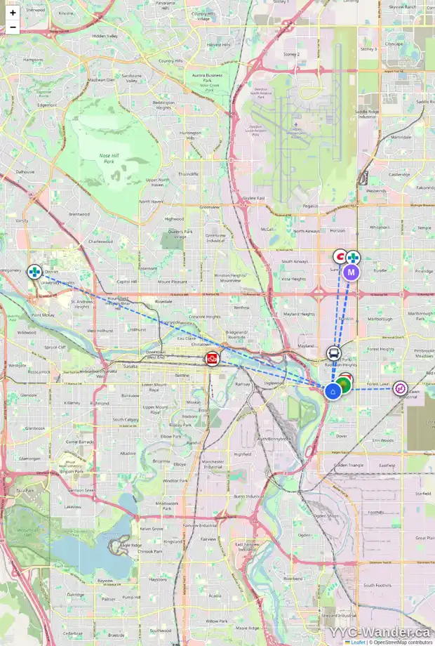 Daily accessibility map for 2002 26 ST SE, Calgary showing nearby schools, grocery stores, parks, LRT stations and nearby amenities