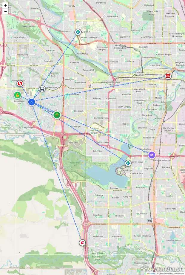 Daily accessibility map for 35 ELVEDEN PA SW, Calgary showing nearby schools, grocery stores, parks, LRT stations and nearby amenities