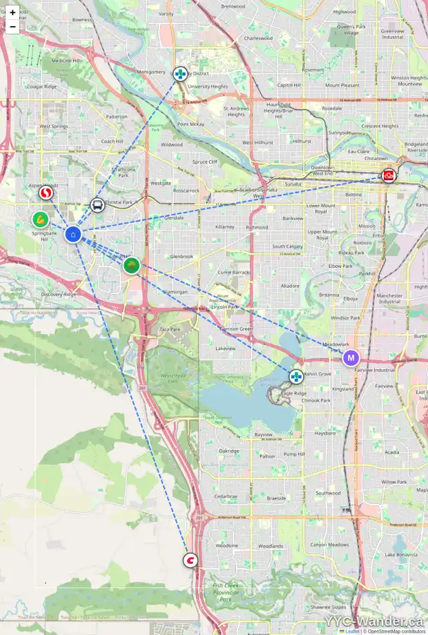 Daily accessibility map for 43 ELVEDEN PA SW, Calgary showing nearby schools, grocery stores, parks, LRT stations and nearby amenities