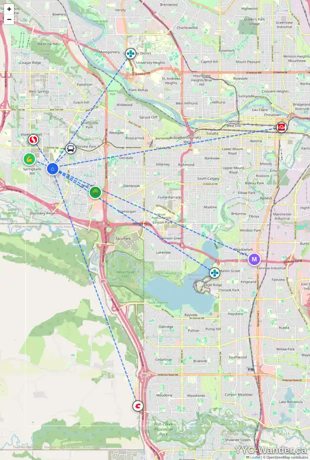 Daily accessibility map for 55 ELVEDEN PA SW, Calgary showing nearby schools, grocery stores, parks, LRT stations and nearby amenities