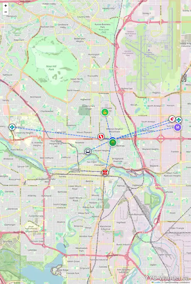 Daily accessibility map for 2 608 15 AV NE, Calgary showing nearby schools, grocery stores, parks, LRT stations and nearby amenities