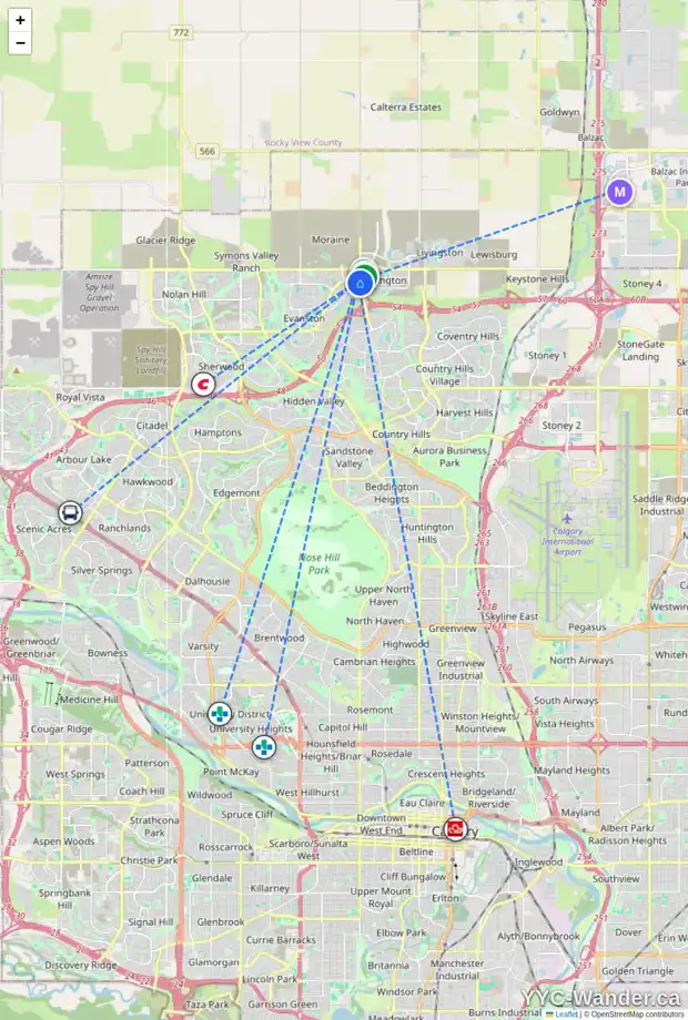 Daily accessibility map for 505 EVANSTON MR NW, Calgary showing nearby schools, grocery stores, parks, LRT stations and nearby amenities