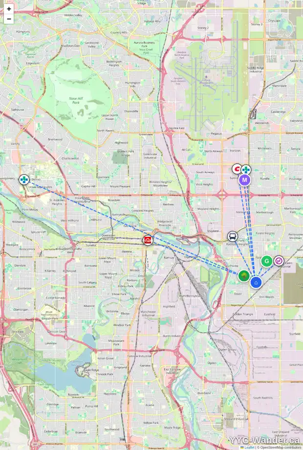 Daily accessibility map for 3935 30 AV SE, Calgary showing nearby schools, grocery stores, parks, LRT stations and nearby amenities