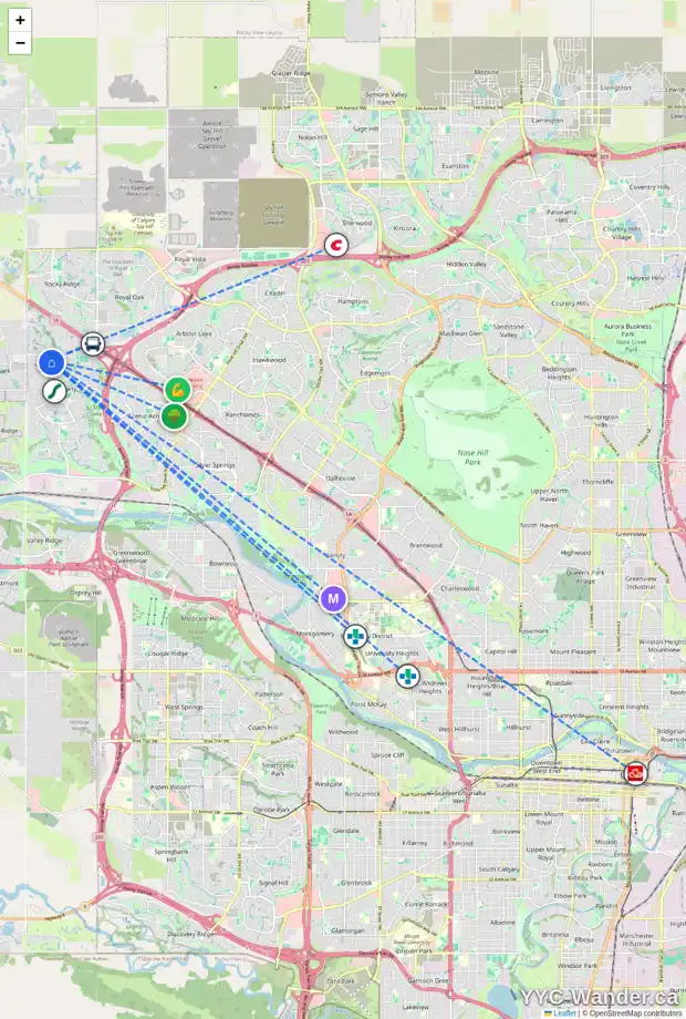 Daily accessibility map for 184 TUSCANY VALLEY GR NW, Calgary showing nearby schools, grocery stores, parks, LRT stations and nearby amenities